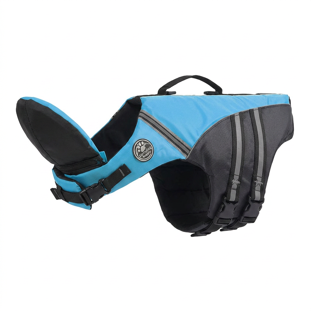 Adjustable straps on the dog life jacket