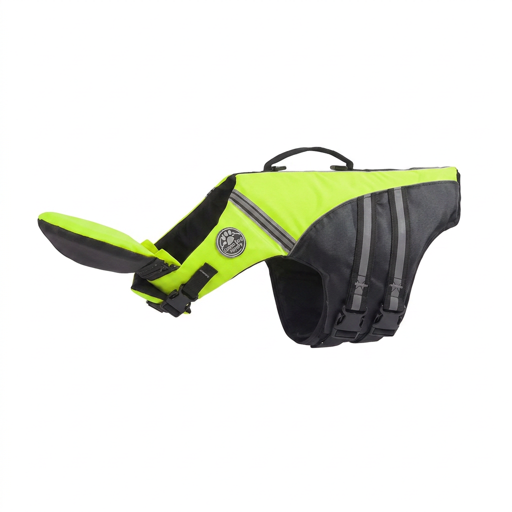 Dog swimming with the safety life jacket
