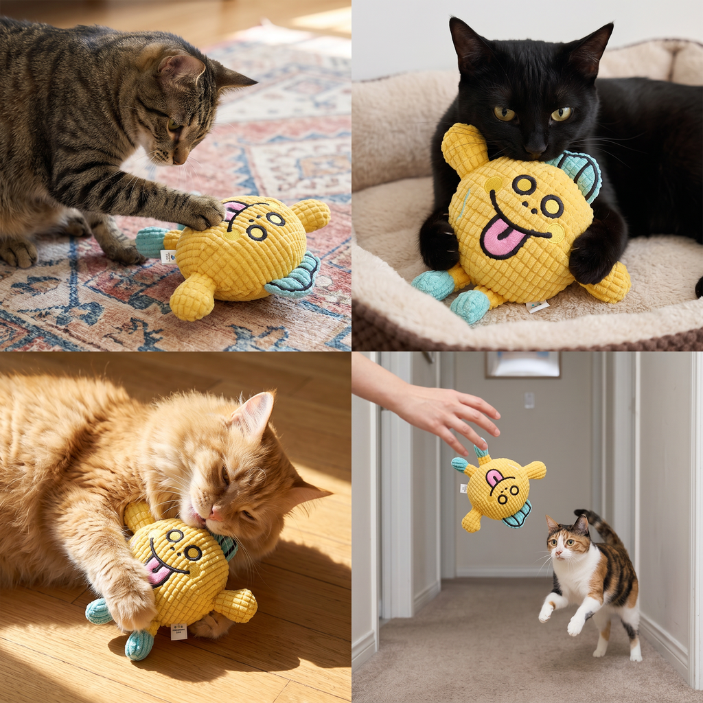 Crinkle waffle cat toy with catnip pocket and squeaker