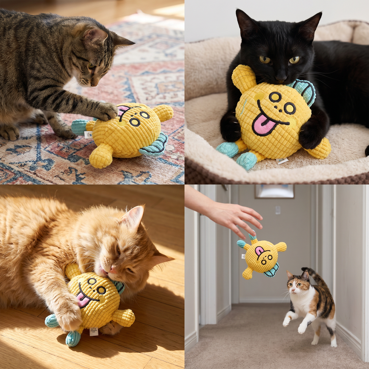 Crinkle waffle cat toy with catnip pocket and squeaker