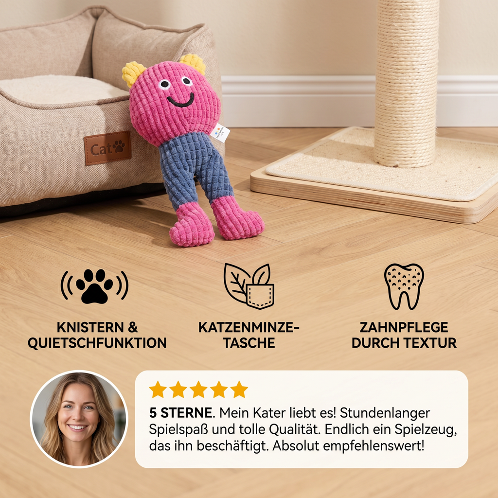 Crinkle waffle cat toy with catnip pocket and squeaker