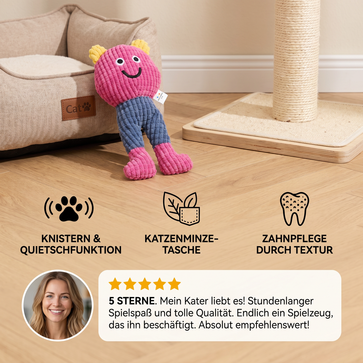 Crinkle waffle cat toy with catnip pocket and squeaker