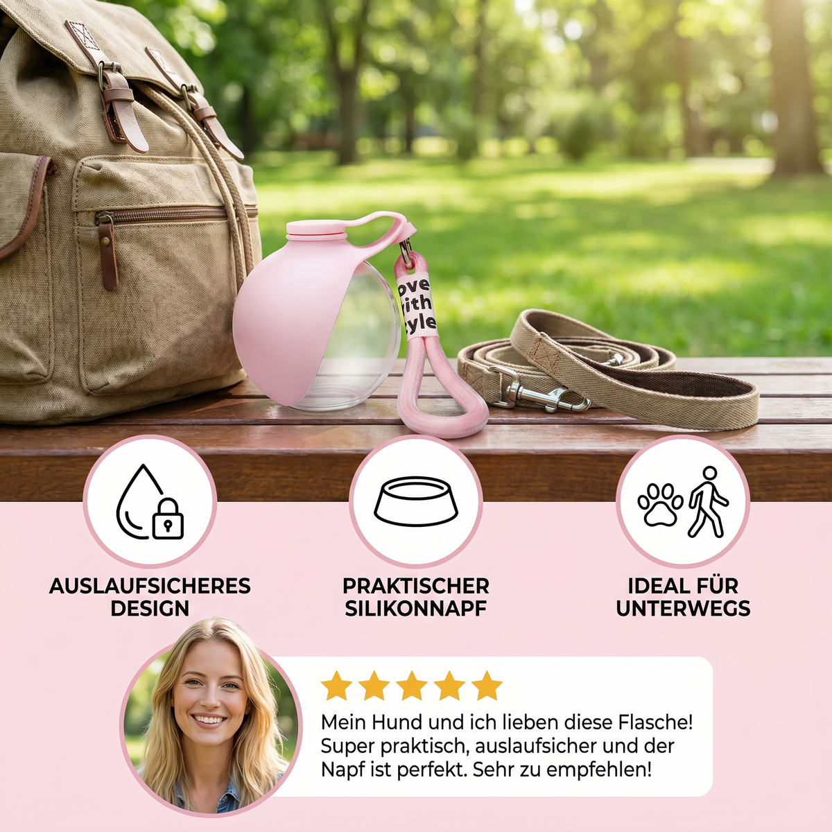 Sphere 2-in-1 leak-proof dog water bottle with silicone bowl