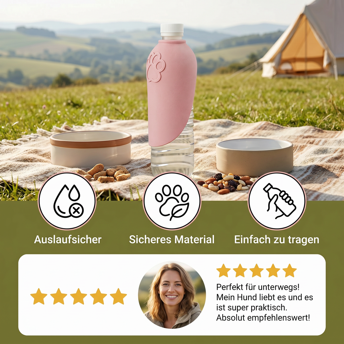 Silicone drinking cap turning a bottle into a portable dog water bowl