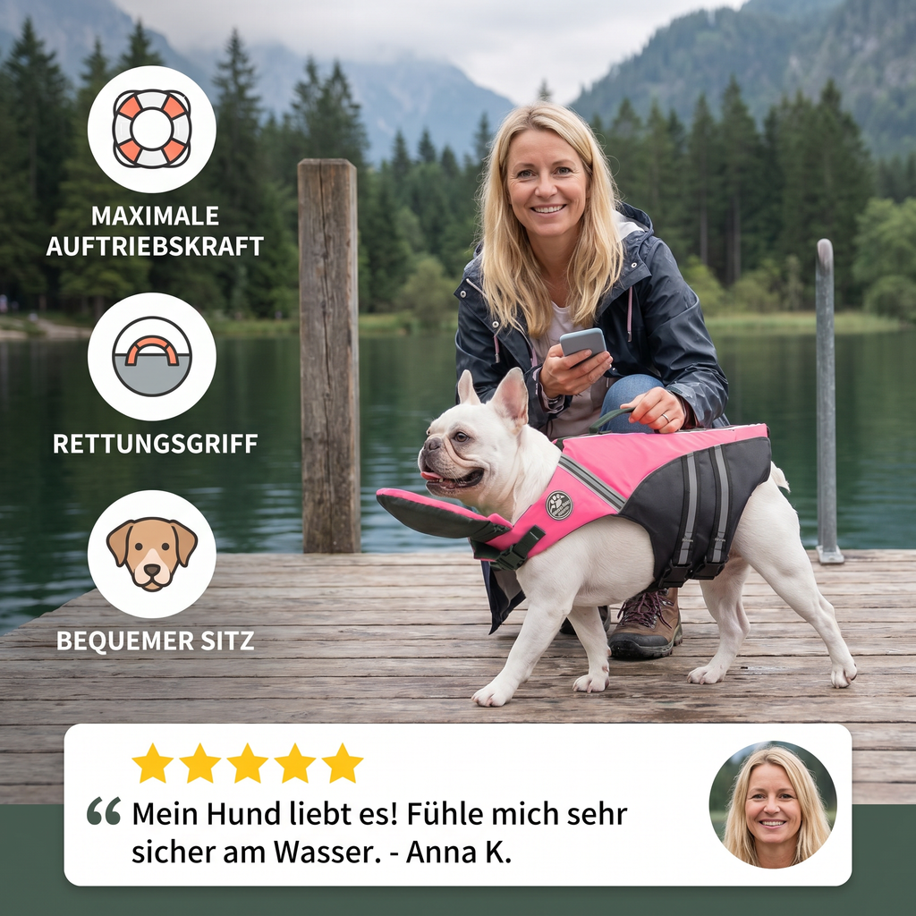 Dog wearing the safety life jacket in the water