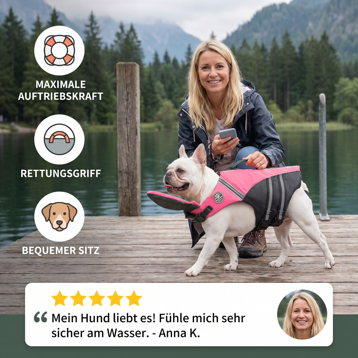 Dog wearing the safety life jacket in the water
