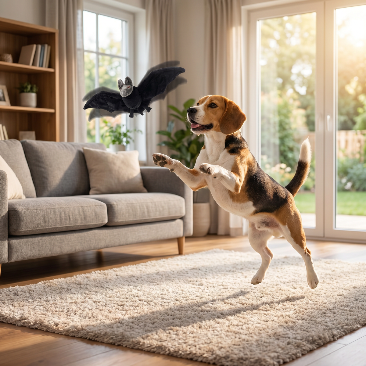 Touch-activated flapping bat pet toy with catnip