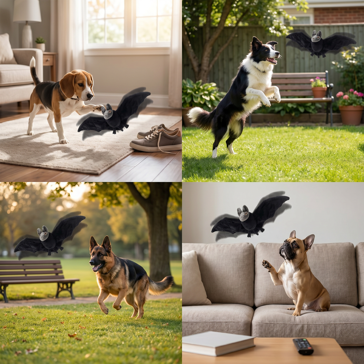Flapping bat toy responding to a pet's touch