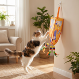 Automatic hanging cat toy with feather teasers