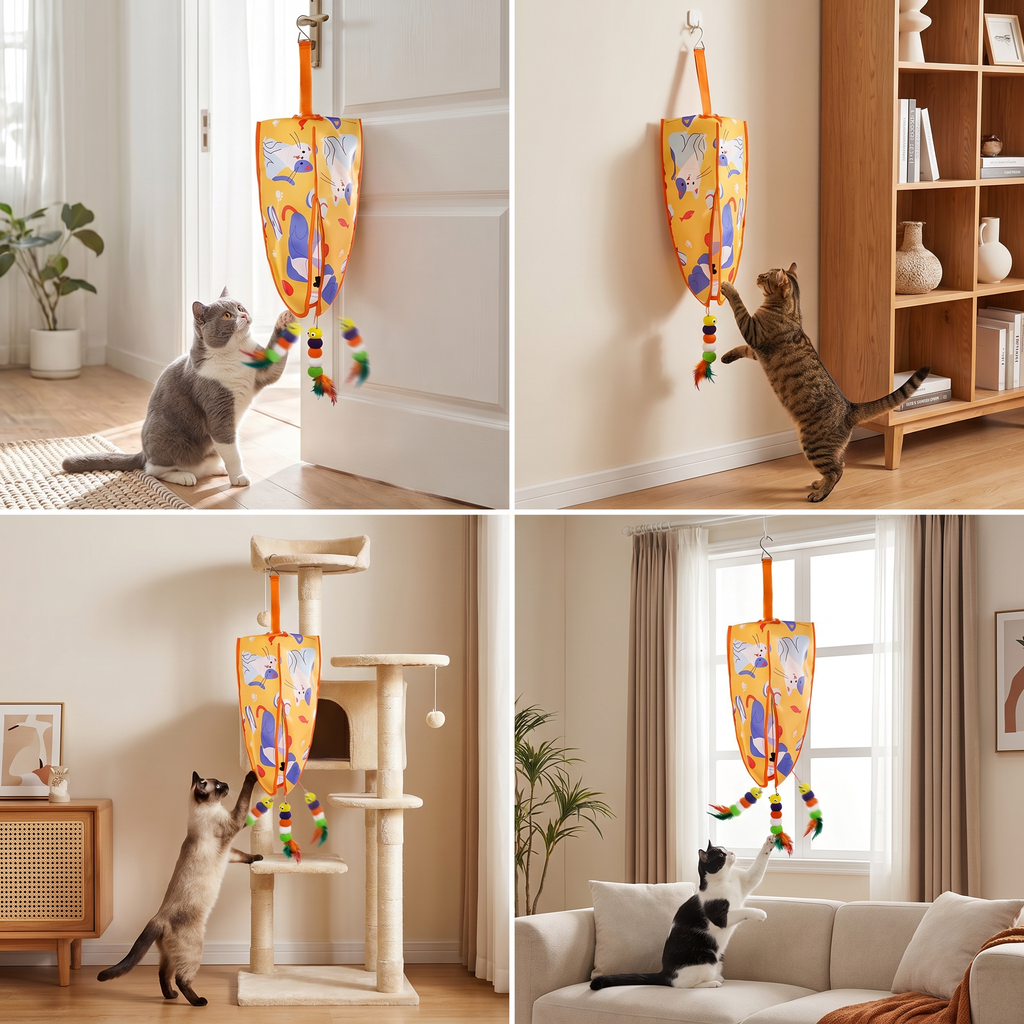 Hanging cat toy with feather teasers on a door