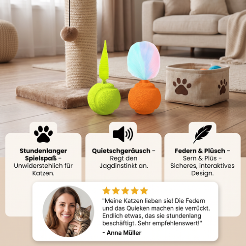 Cat playing with the interactive feather-tail cat ball