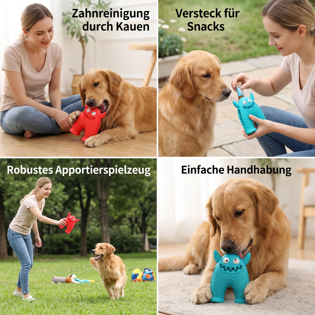 Dog chewing the teeth-cleaning monster dental toy