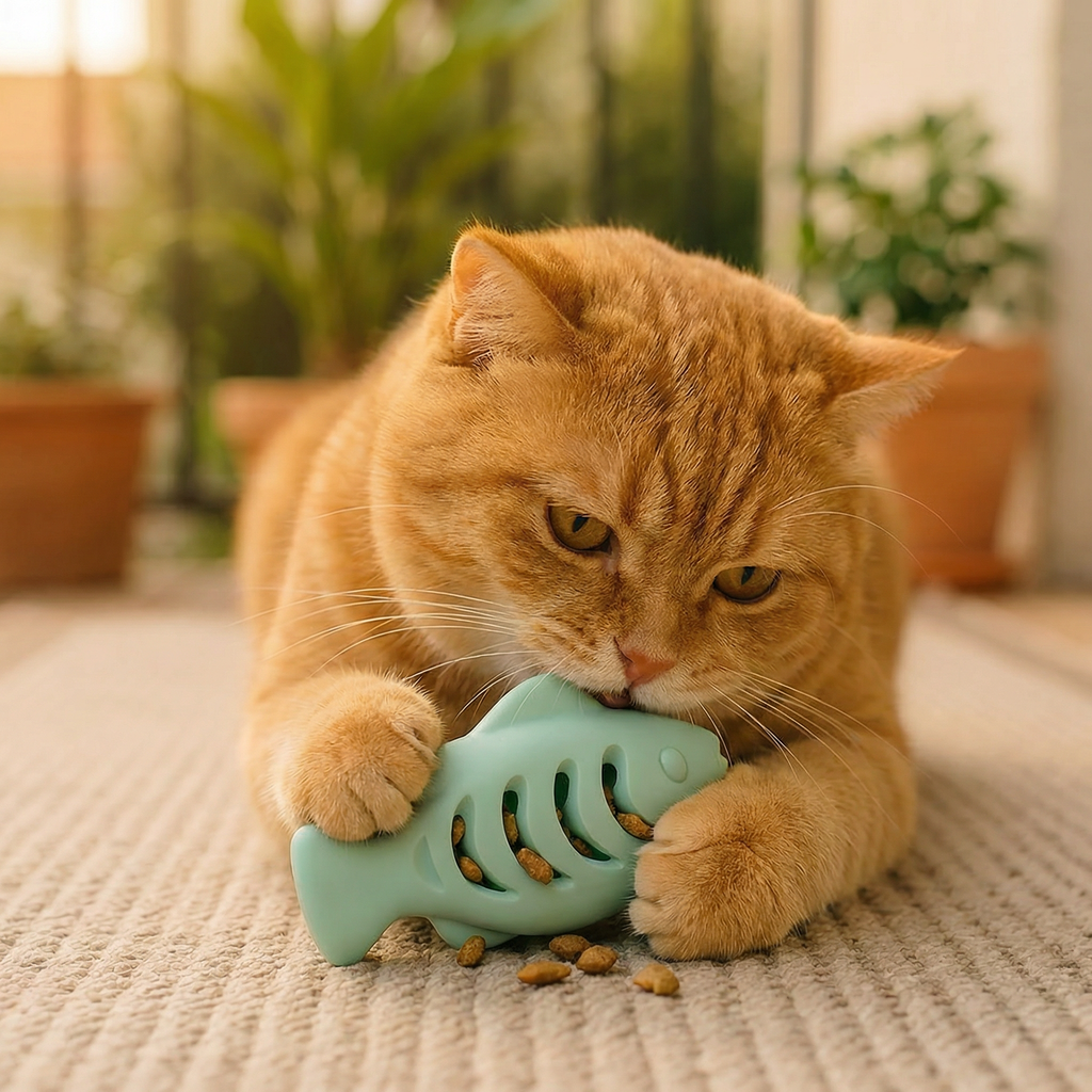 Dental chew and nibble fish silicone treat dispenser for cats
