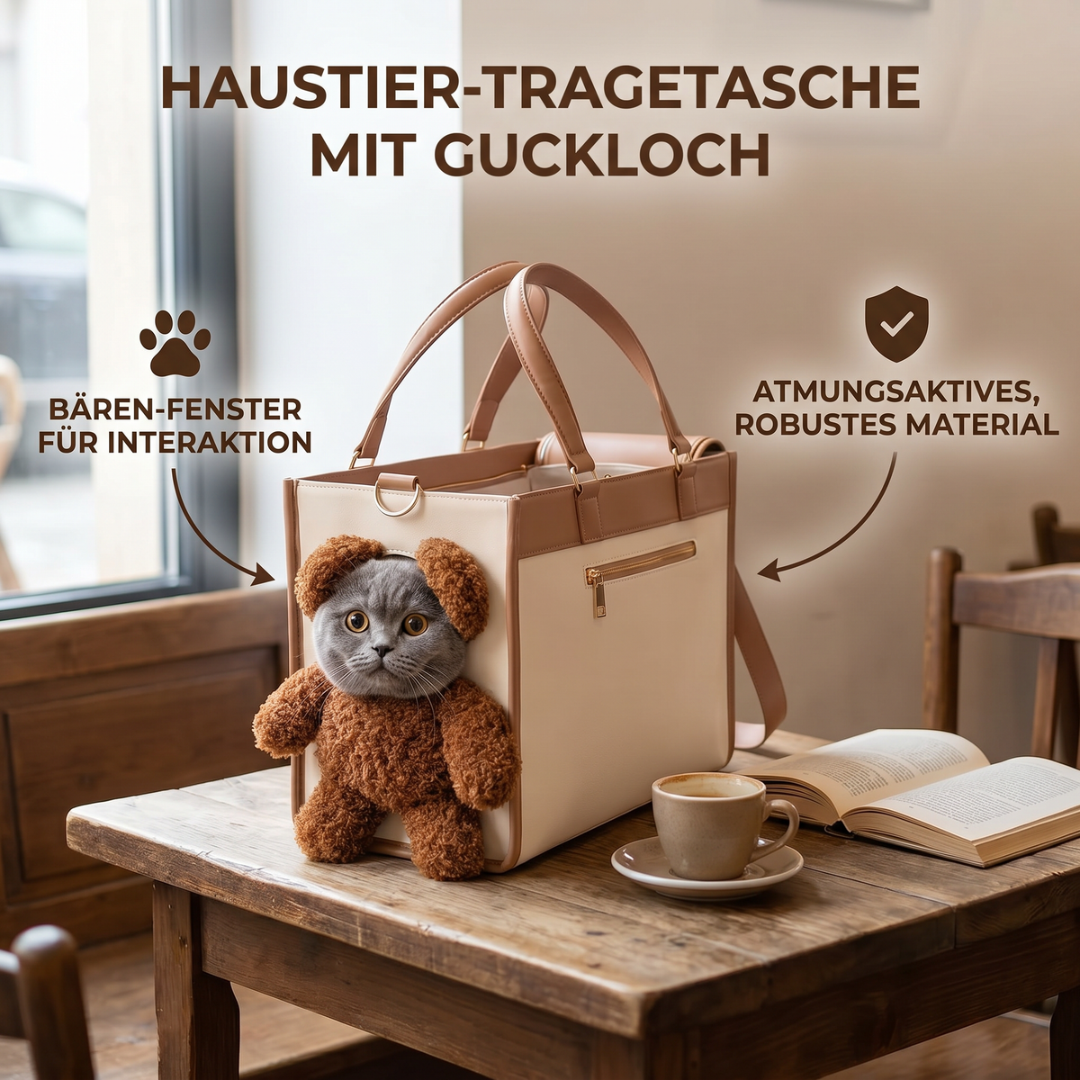 Pet carrier bag with teddy bear peek-a-boo window
