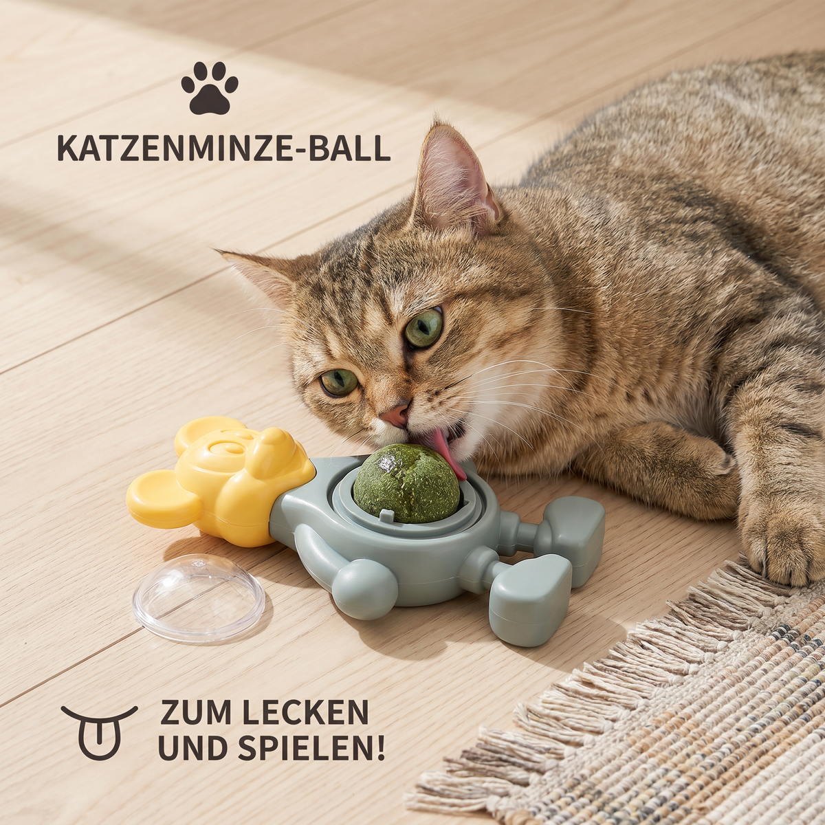 Self-adhesive cat grass chew ball on a smooth surface