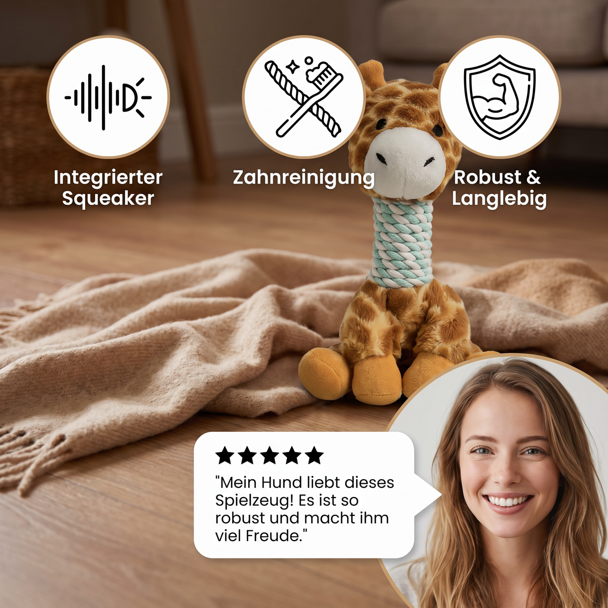 Tough animal plush dog toy with rope in Deer design