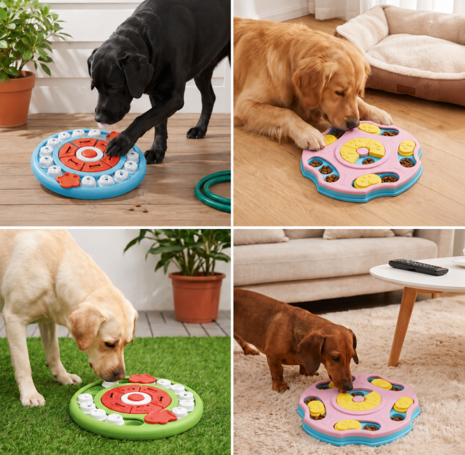 Dog finding treats in the food puzzle
