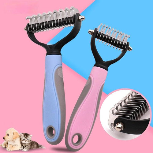 Double-sided grooming comb working through a dog's matted coat