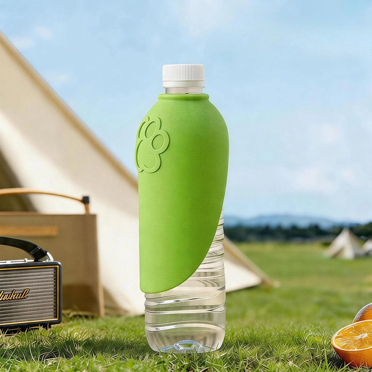 Silicone drinking cap turning a bottle into a portable dog water bowl