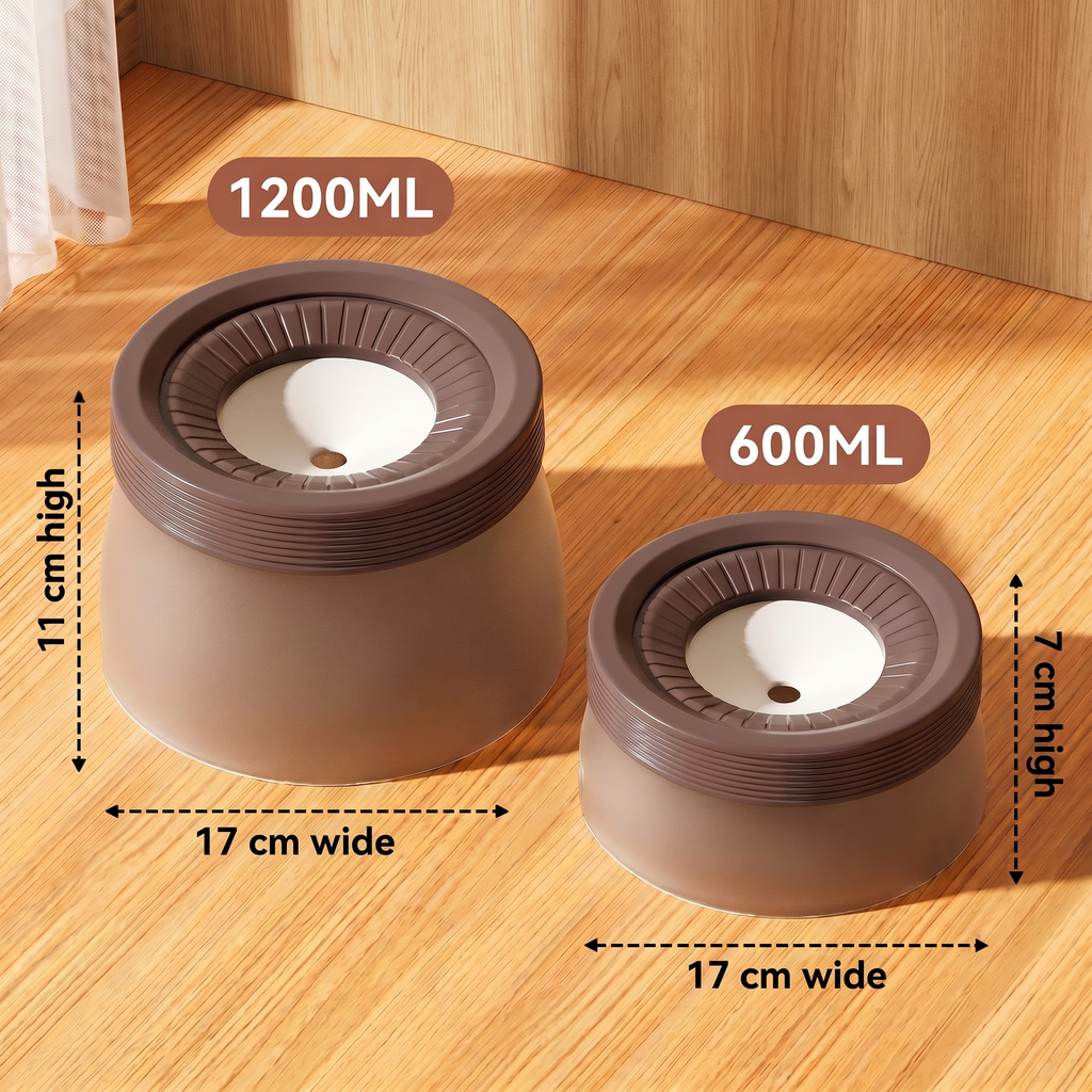 Spill-proof bowl sizes: 1200 ml (11 cm high, 17 cm wide) and 600 ml (7 cm high, 17 cm wide)