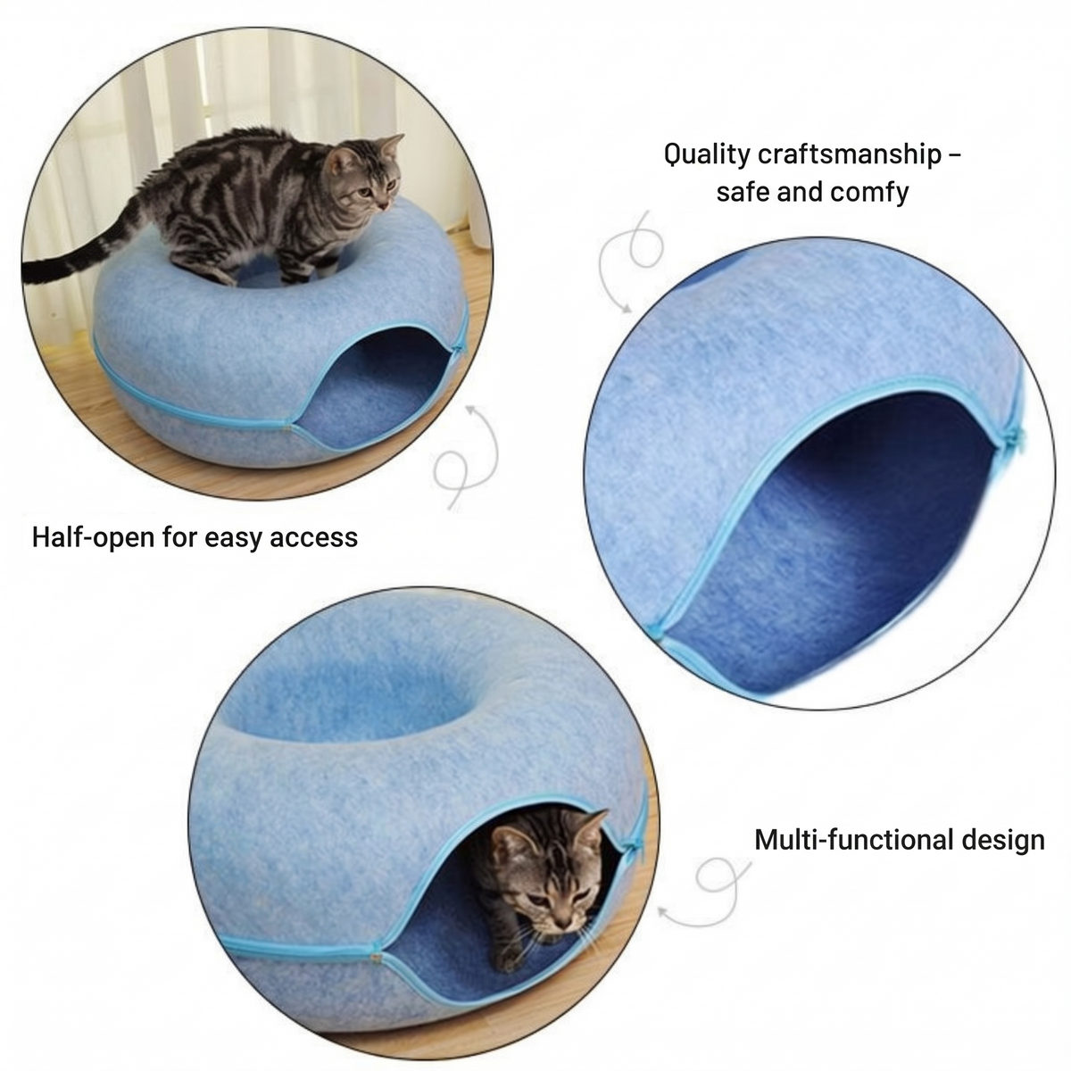 Donut cat bed features: quality craftsmanship, half-open for easy access, multi-functional design