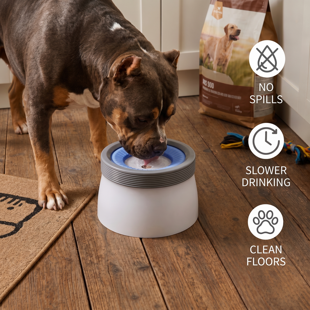 Dog drinking from the spill-proof bowl: no spills, slower drinking, clean floors