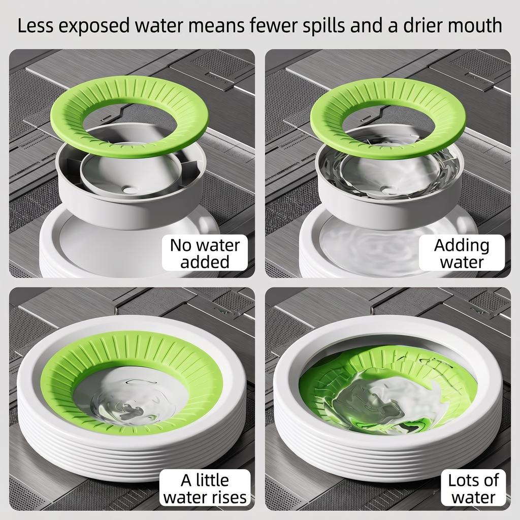 How the floating disc works: less exposed water means fewer spills and a drier mouth