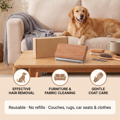 2-in-1 pet hair removal comb on a coffee table with a golden retriever: effective hair removal, furniture and fabric cleaning, gentle coat care