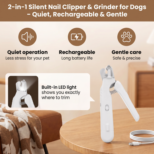 2-in-1 silent nail clipper and grinder for dogs: quiet, rechargeable, gentle, built-in LED light