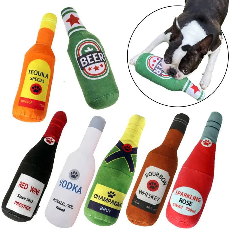 Squeaker inside the champagne bottle dog toy