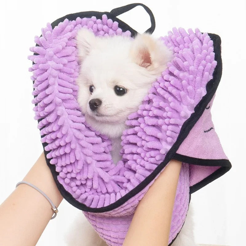 PawDry bath towel wrapped around a dog