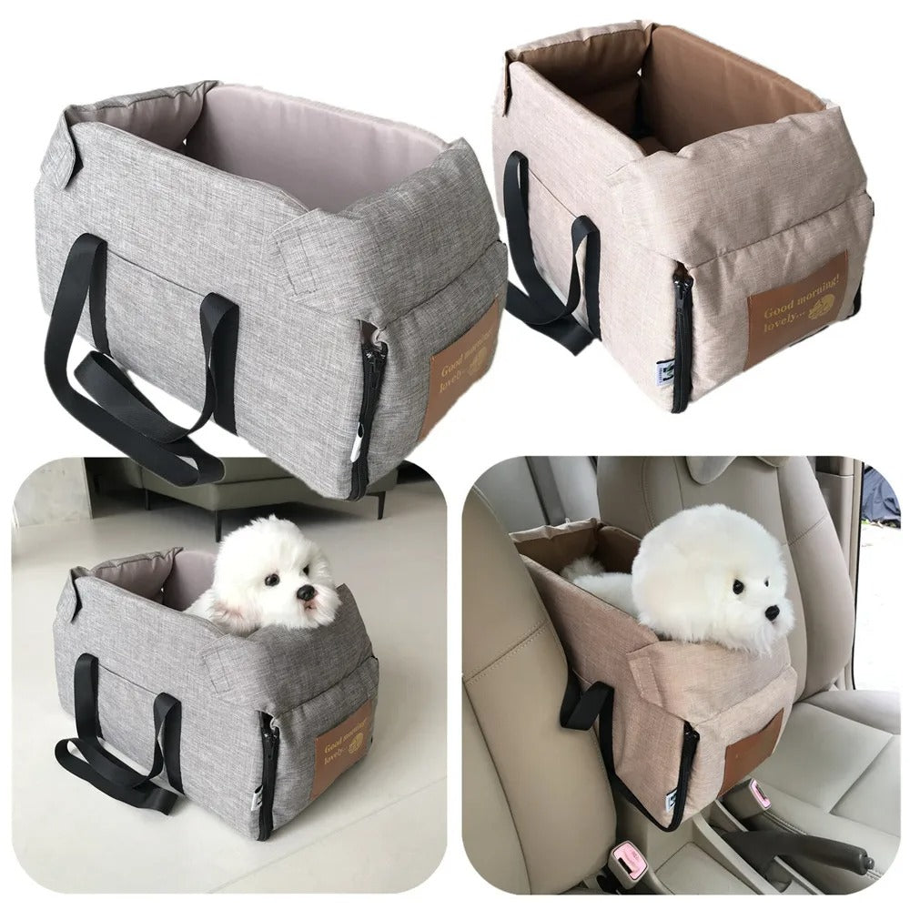 Dog car seat bed shown in grey and khaki