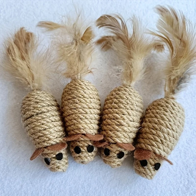 Cat pouncing on a sisal toy mouse