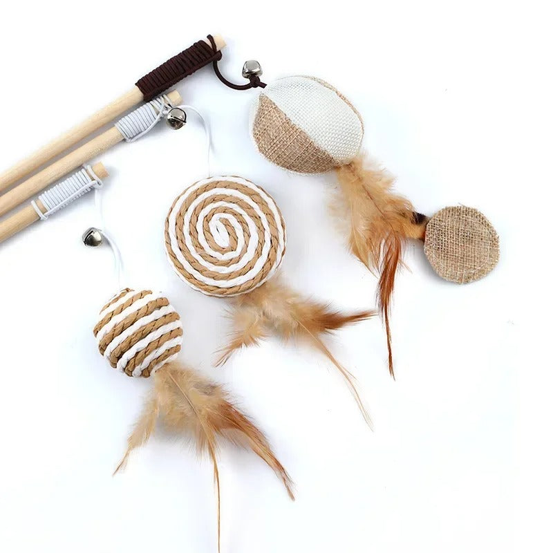 Colourful feathers on the cat wand