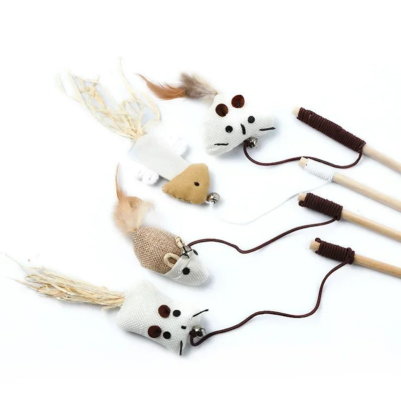 Colourful feather cat wand shown in all designs