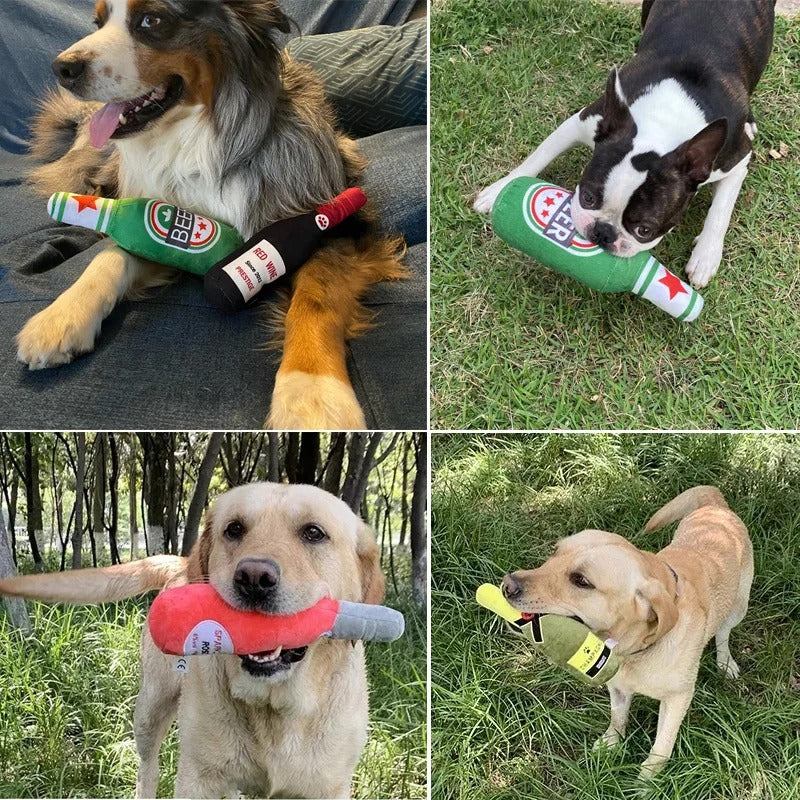 Champagne bottle squeaky dog toy