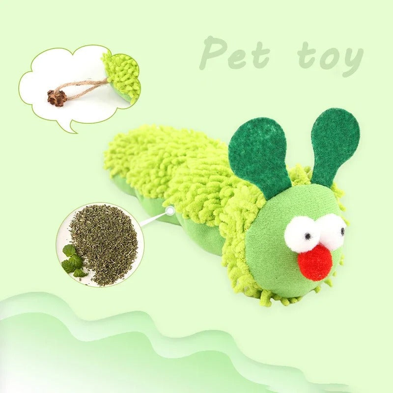 Cat chewing the caterpillar catnip toy