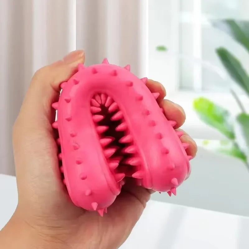 Soft rubber bone chew toy shown in assorted colours