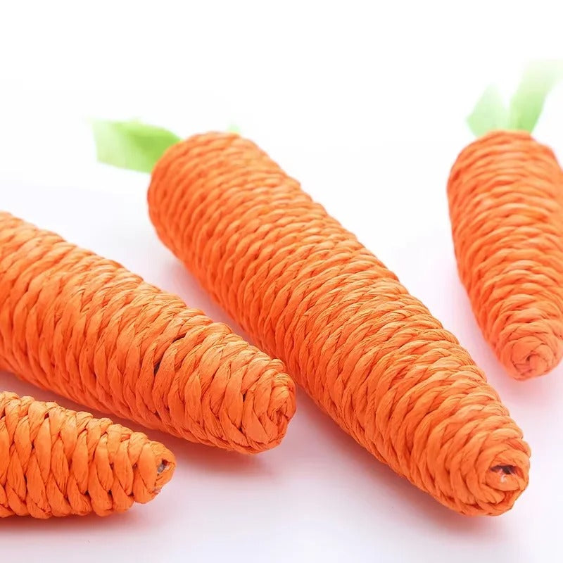 Cat batting the carrot chew toy