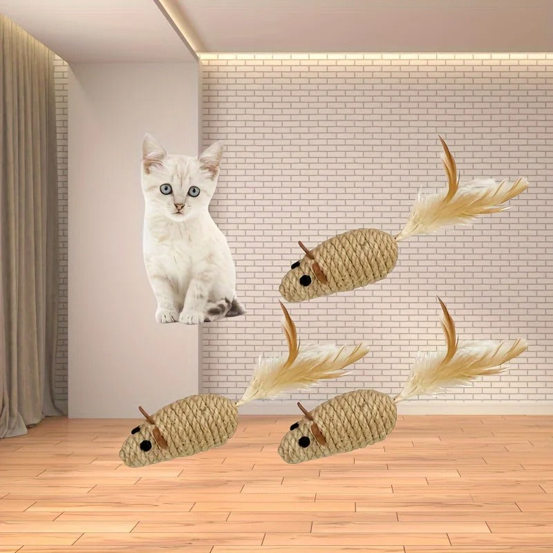 Close-up of the woven sisal toy mouse