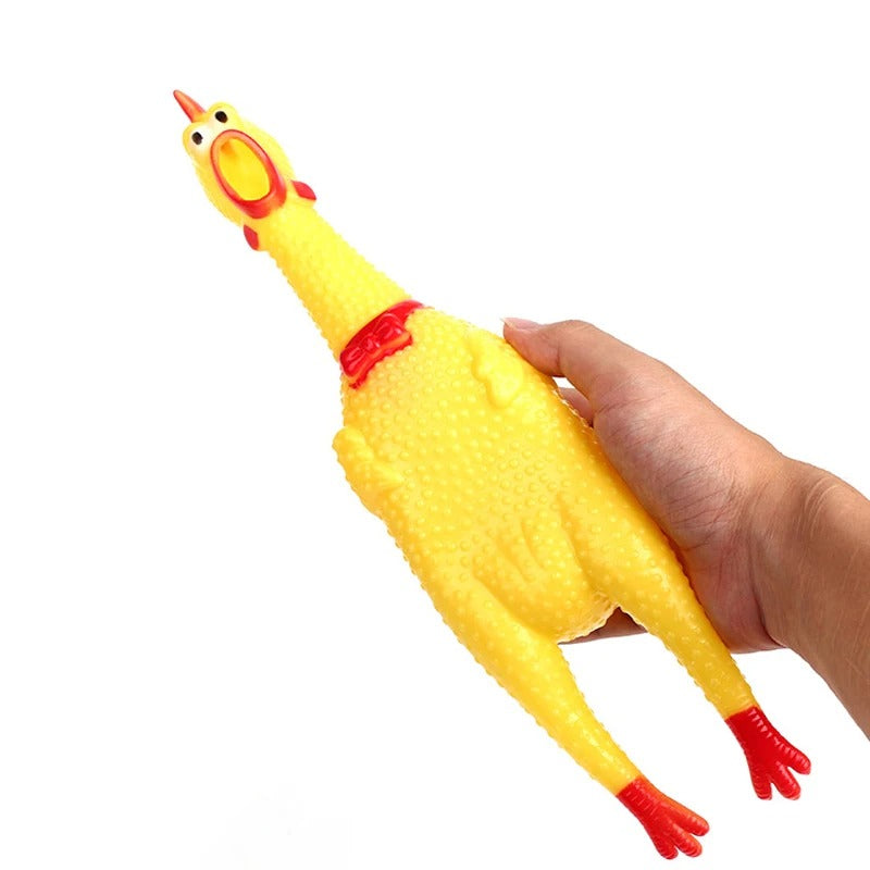 Squeaky chicken dog toy shown in three sizes