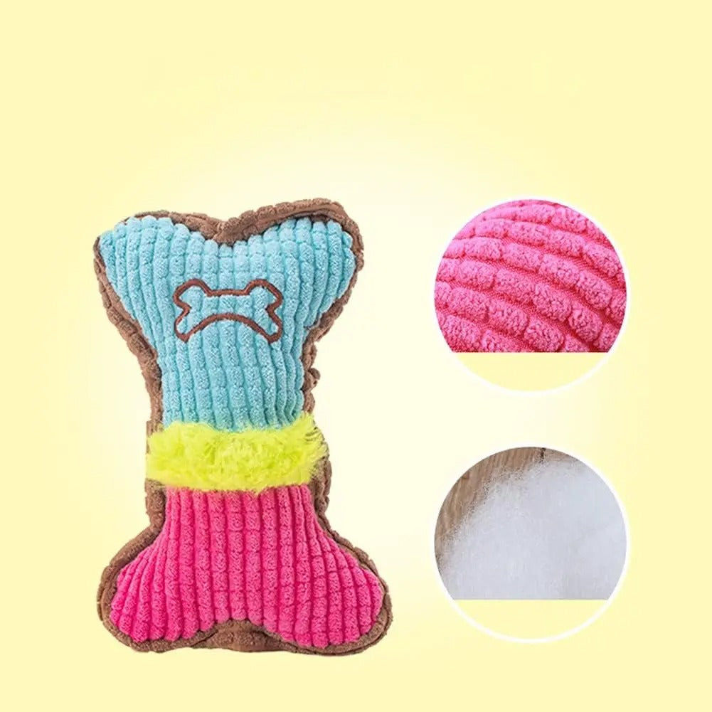 Plush bone squeaky dog toy shown in all colours