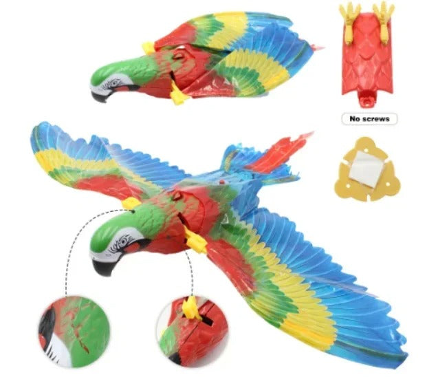 Flying bird cat toy in mid-flight