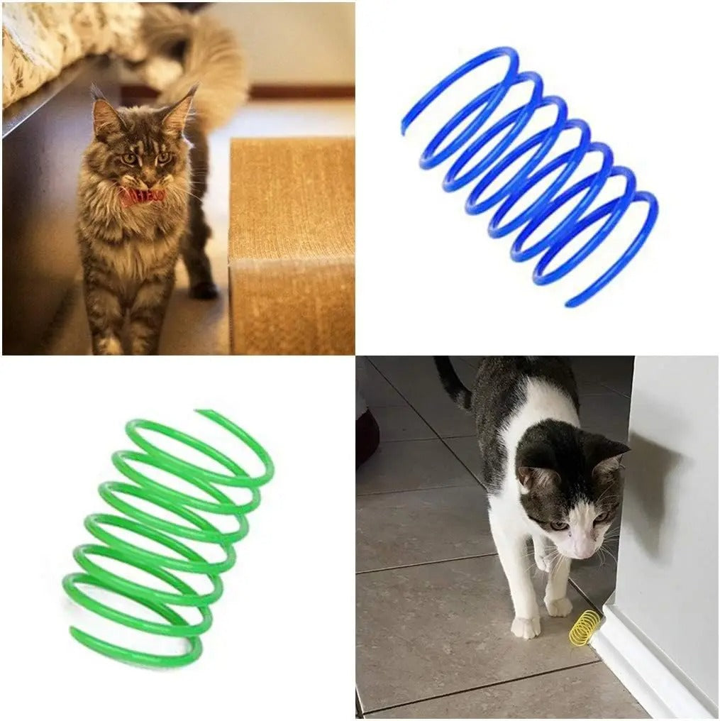 Spiral cat toys scattered on a rug