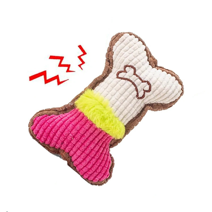 Plush bone dog toy in blue and pink