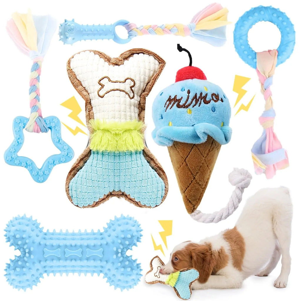 Puppy teething toy set in pink and blue