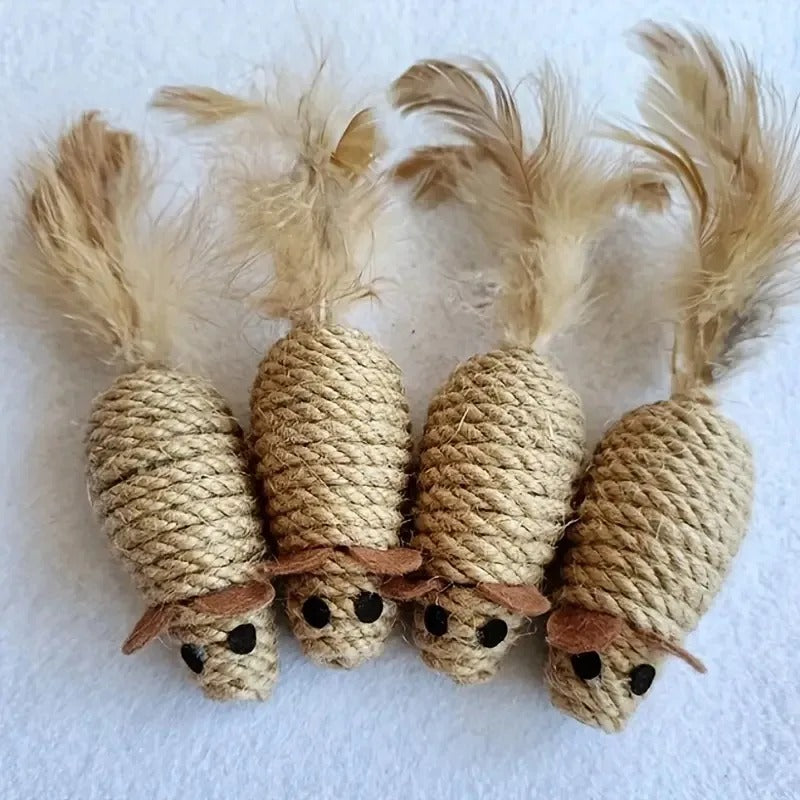 Cat carrying a sisal toy mouse