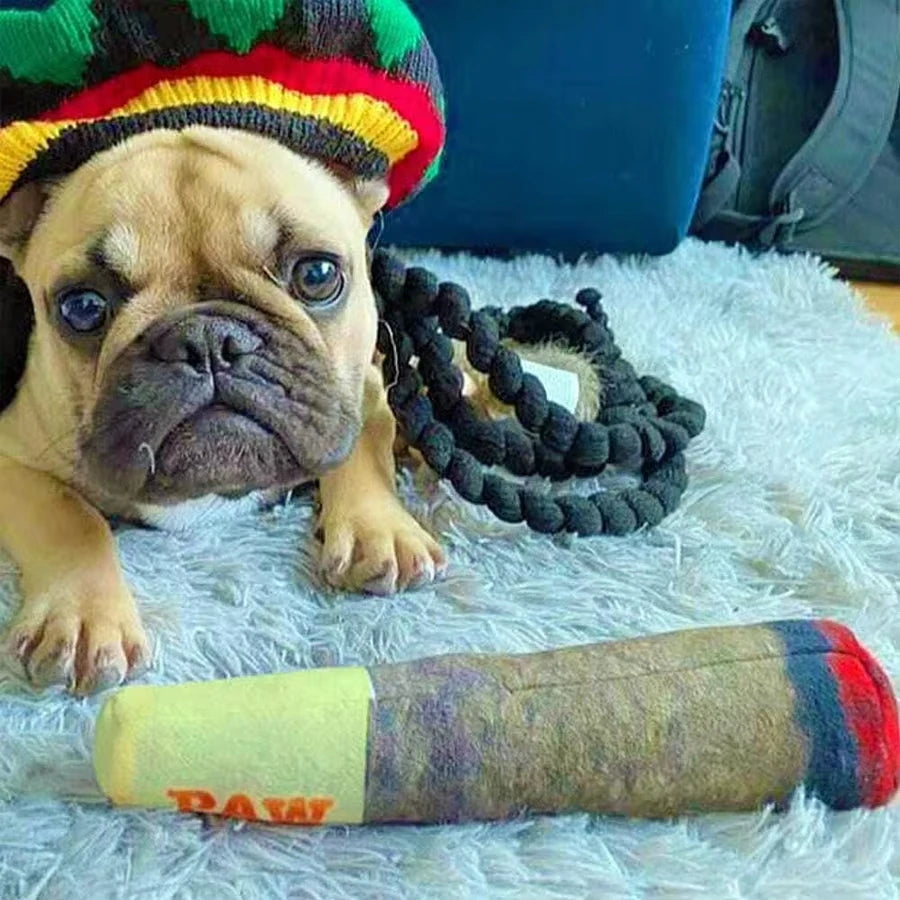 Cigar dog toy with built-in squeaker