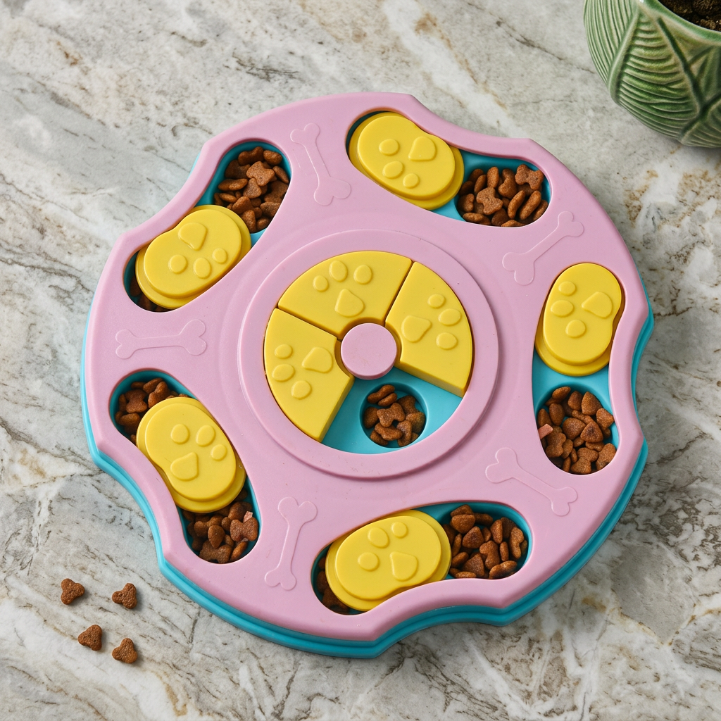 Interactive dog food puzzle in blue