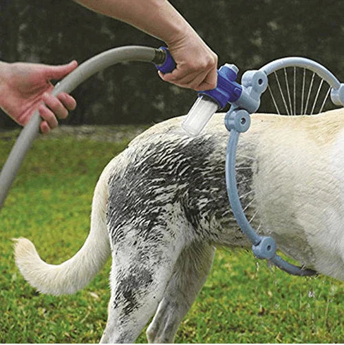 Dog being washed with the PawsClean shower ring